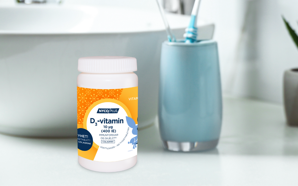 Boks med D-vitamin tyggetablett for barn i miljø