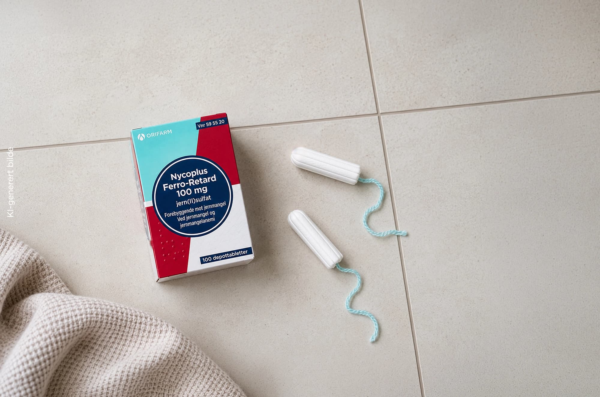 En boks med Nycoplus Ferro retard (jern) på et flislagt gulv med to tamponger liggende ved siden av.